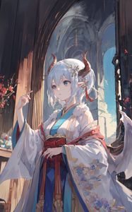 Preview wallpaper girl, horns, wings, kimono, anime