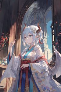 Preview wallpaper girl, horns, wings, kimono, anime