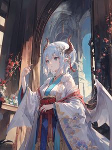 Preview wallpaper girl, horns, wings, kimono, anime