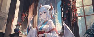 Preview wallpaper girl, horns, wings, kimono, anime