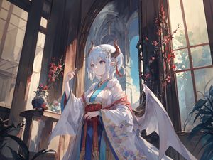 Preview wallpaper girl, horns, wings, kimono, anime