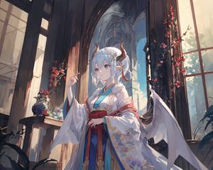 Preview wallpaper girl, horns, wings, kimono, anime