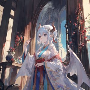 Preview wallpaper girl, horns, wings, kimono, anime