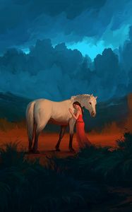 Preview wallpaper girl, horse, art, friends, care