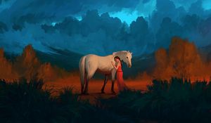 Preview wallpaper girl, horse, art, friends, care