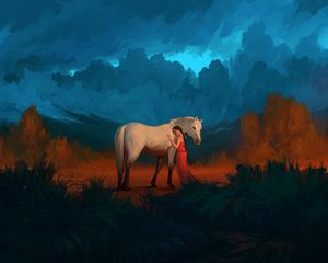 Preview wallpaper girl, horse, art, friends, care