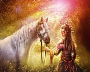 Preview wallpaper girl, horse, wood, art, nature, fantasy