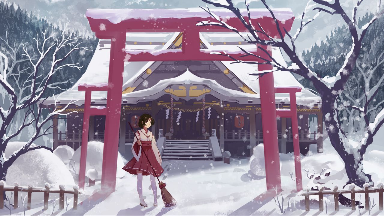 Wallpaper girl, house, snow, winter, anime