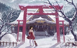 Preview wallpaper girl, house, snow, winter, anime
