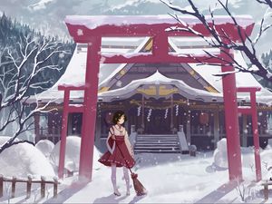 Preview wallpaper girl, house, snow, winter, anime