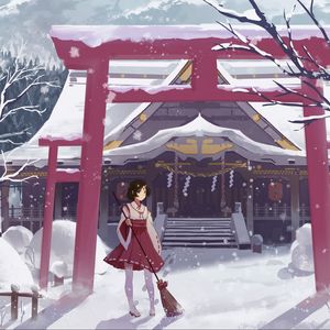Preview wallpaper girl, house, snow, winter, anime