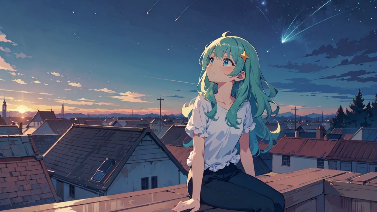 Wallpaper girl, houses, roofs, stars, night, anime, art