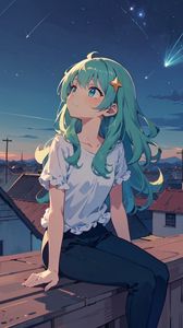 Preview wallpaper girl, houses, roofs, stars, night, anime, art