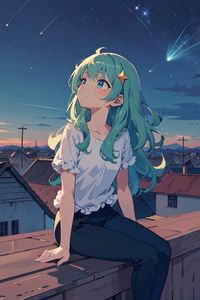 Preview wallpaper girl, houses, roofs, stars, night, anime, art