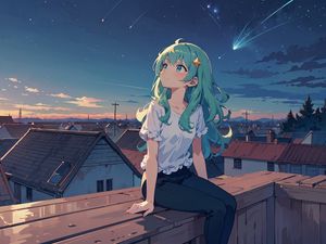 Preview wallpaper girl, houses, roofs, stars, night, anime, art