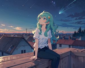 Preview wallpaper girl, houses, roofs, stars, night, anime, art