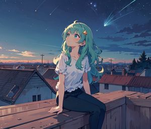 Preview wallpaper girl, houses, roofs, stars, night, anime, art