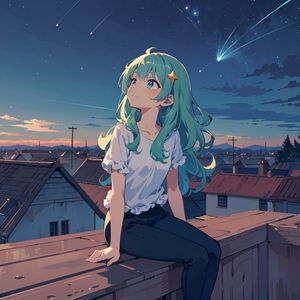 Preview wallpaper girl, houses, roofs, stars, night, anime, art