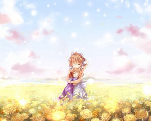 Preview wallpaper girl, hug, tenderness, field, flowers, summer