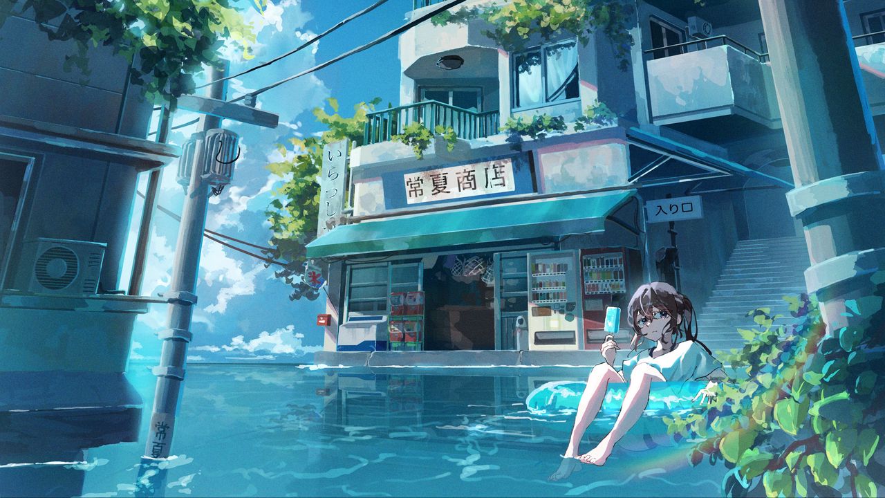 Wallpaper girl, ice cream, water, building, anime