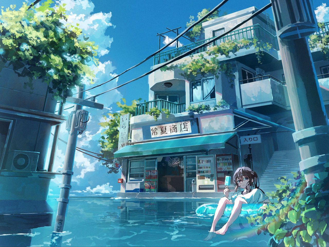 Download wallpaper 1280x960 girl, ice cream, water, building, anime ...