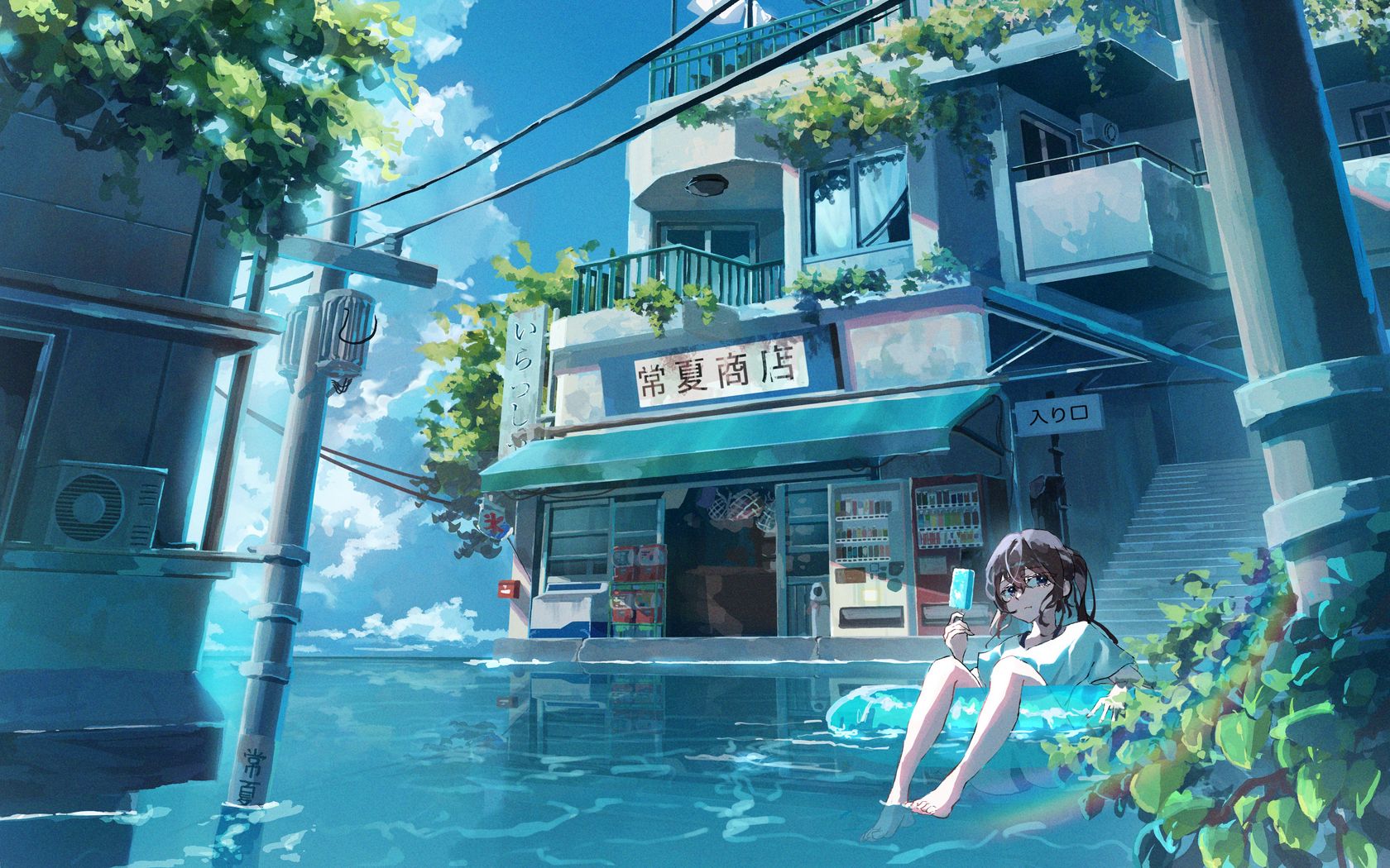 Download wallpaper 1680x1050 girl, ice cream, water, building, anime ...