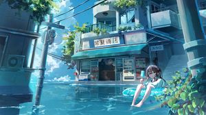 Preview wallpaper girl, ice cream, water, building, anime