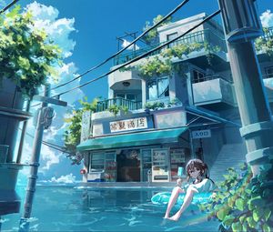 Preview wallpaper girl, ice cream, water, building, anime