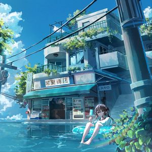 Preview wallpaper girl, ice cream, water, building, anime