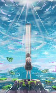 Preview wallpaper girl, island, building, light, rays, anime, art
