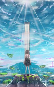 Preview wallpaper girl, island, building, light, rays, anime, art