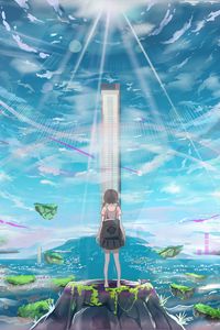 Preview wallpaper girl, island, building, light, rays, anime, art