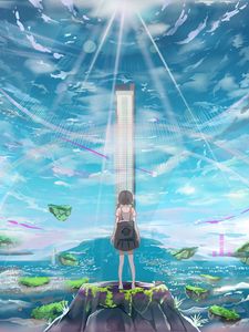 Preview wallpaper girl, island, building, light, rays, anime, art