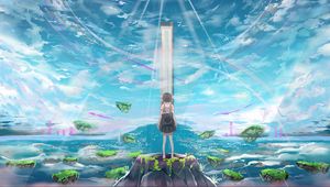 Preview wallpaper girl, island, building, light, rays, anime, art