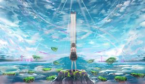 Preview wallpaper girl, island, building, light, rays, anime, art