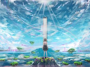 Preview wallpaper girl, island, building, light, rays, anime, art