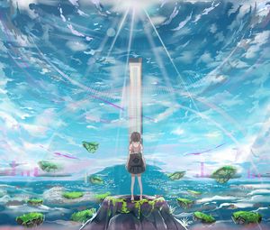 Preview wallpaper girl, island, building, light, rays, anime, art