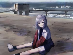 Preview wallpaper girl, jacket, beach, anime, art