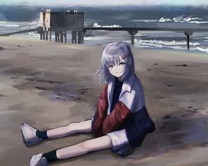 Preview wallpaper girl, jacket, beach, anime, art