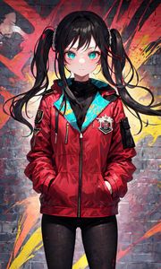 Preview wallpaper girl, jacket, bricks, graffiti, paint, wall, anime