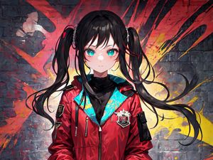 Preview wallpaper girl, jacket, bricks, graffiti, paint, wall, anime