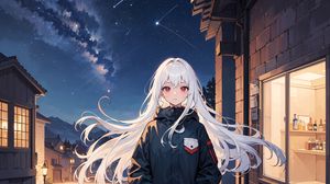 Preview wallpaper girl, jacket, buildings, night, milky way, anime