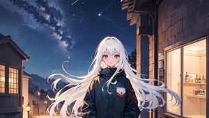 Preview wallpaper girl, jacket, buildings, night, milky way, anime