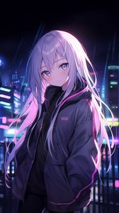 Preview wallpaper girl, jacket, night, city, anime
