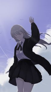 Preview wallpaper girl, jacket, pose, clouds, anime