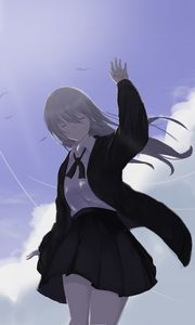 Preview wallpaper girl, jacket, pose, clouds, anime