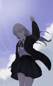 Preview wallpaper girl, jacket, pose, clouds, anime
