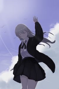 Preview wallpaper girl, jacket, pose, clouds, anime