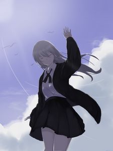 Preview wallpaper girl, jacket, pose, clouds, anime