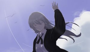 Preview wallpaper girl, jacket, pose, clouds, anime
